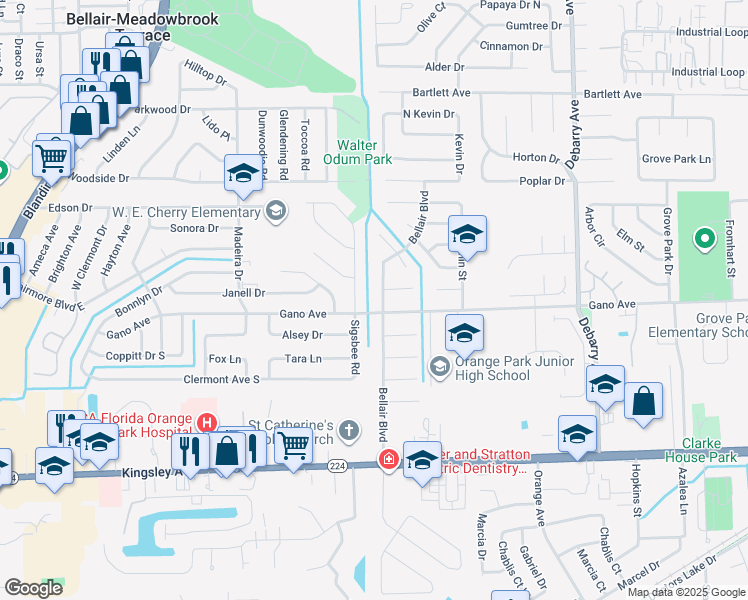 map of restaurants, bars, coffee shops, grocery stores, and more near 1434 Bellair Boulevard in Orange Park