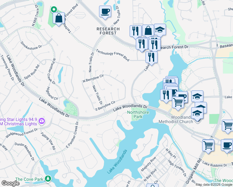 map of restaurants, bars, coffee shops, grocery stores, and more near 15 Graceful Elm Court in Spring