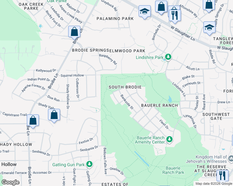 map of restaurants, bars, coffee shops, grocery stores, and more near 3513 Bankside Street in Austin