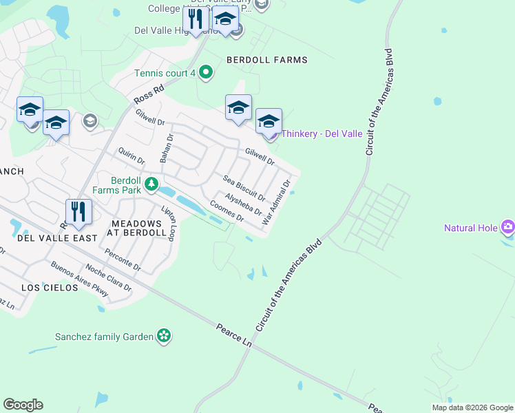 map of restaurants, bars, coffee shops, grocery stores, and more near 13520 Alysheba Drive in Travis