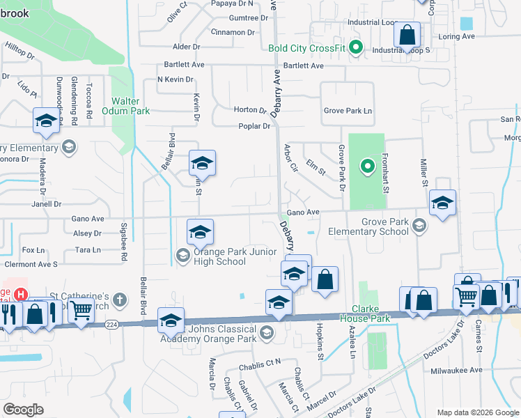 map of restaurants, bars, coffee shops, grocery stores, and more near 1363 Spanish Needles Court in Orange Park