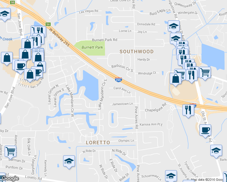 map of restaurants, bars, coffee shops, grocery stores, and more near 3626 Carol Ann Lane in Jacksonville
