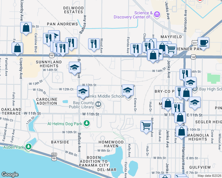 map of restaurants, bars, coffee shops, grocery stores, and more near 709 West 13th Street in Panama City