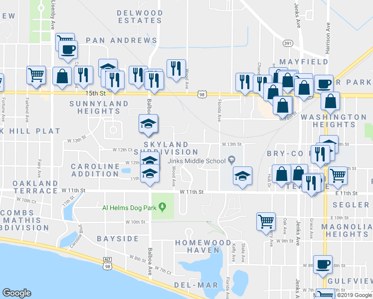 map of restaurants, bars, coffee shops, grocery stores, and more near 801 West 13th Street in Panama City
