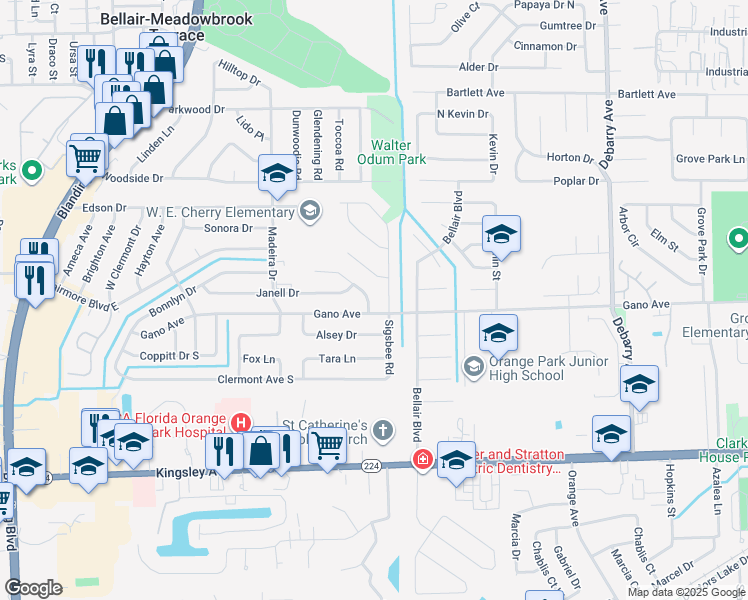 map of restaurants, bars, coffee shops, grocery stores, and more near 438 Gano Court in Orange Park
