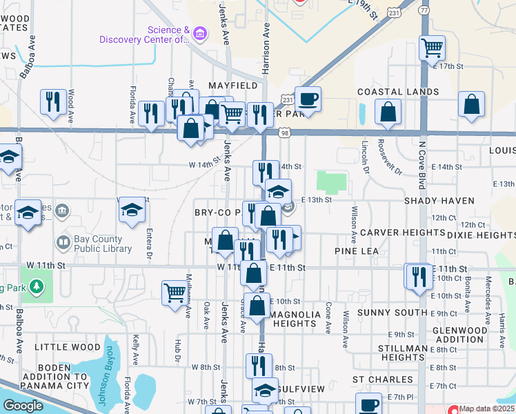 map of restaurants, bars, coffee shops, grocery stores, and more near 1219 Harrison Avenue in Panama City