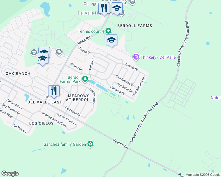 map of restaurants, bars, coffee shops, grocery stores, and more near 13233 Coomes Drive in Del Valle