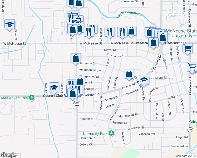 map of restaurants, bars, coffee shops, grocery stores, and more near 1324 Waverly Street in Lake Charles