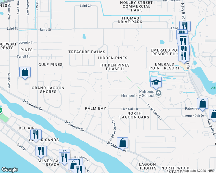 map of restaurants, bars, coffee shops, grocery stores, and more near 309 Brady Way in Panama City Beach