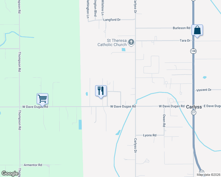 map of restaurants, bars, coffee shops, grocery stores, and more near 5205 Volunteer Road in Sulphur
