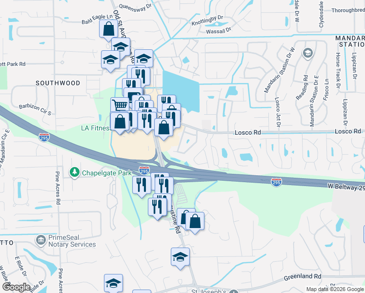 map of restaurants, bars, coffee shops, grocery stores, and more near 11251 Shady Glen Drive in Jacksonville