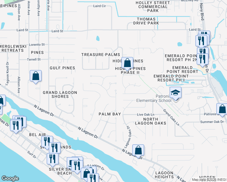 map of restaurants, bars, coffee shops, grocery stores, and more near 159 Palm Grove Boulevard in Panama City