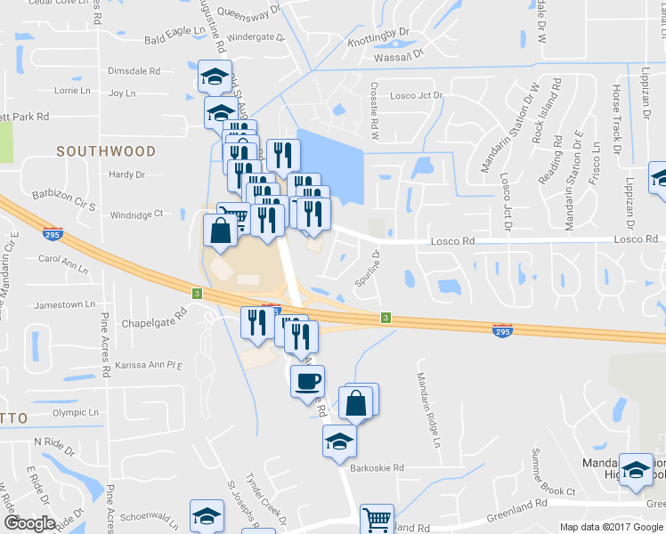 map of restaurants, bars, coffee shops, grocery stores, and more near 11251 Shady Glen Drive in Jacksonville