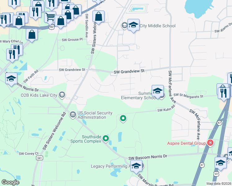 map of restaurants, bars, coffee shops, grocery stores, and more near 1229 Southwest Yorktown Glen in Lake City