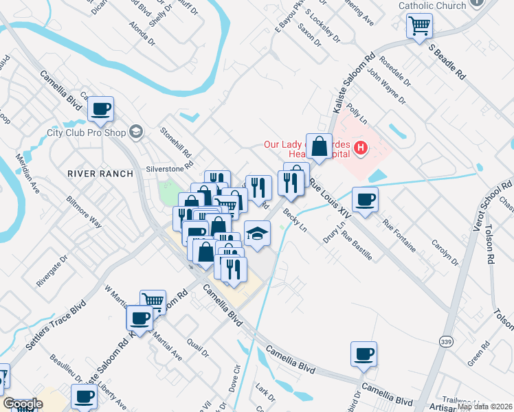 map of restaurants, bars, coffee shops, grocery stores, and more near 1700 Kaliste Saloom Road in Lafayette