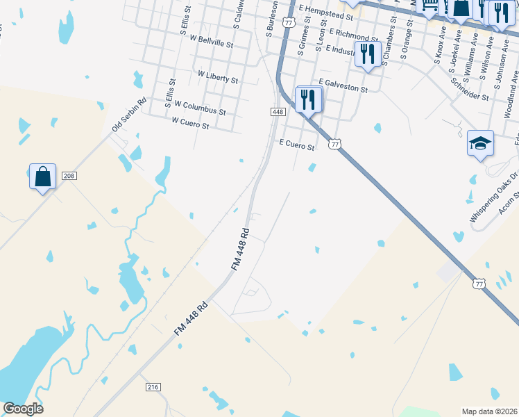 map of restaurants, bars, coffee shops, grocery stores, and more near 1398 FM 448 Road in Giddings