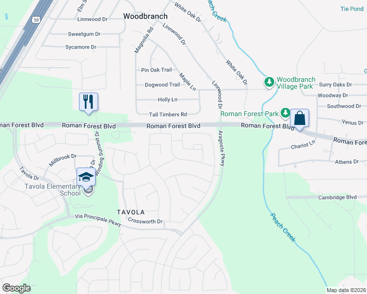 map of restaurants, bars, coffee shops, grocery stores, and more near 18933 Collina Way in New Caney
