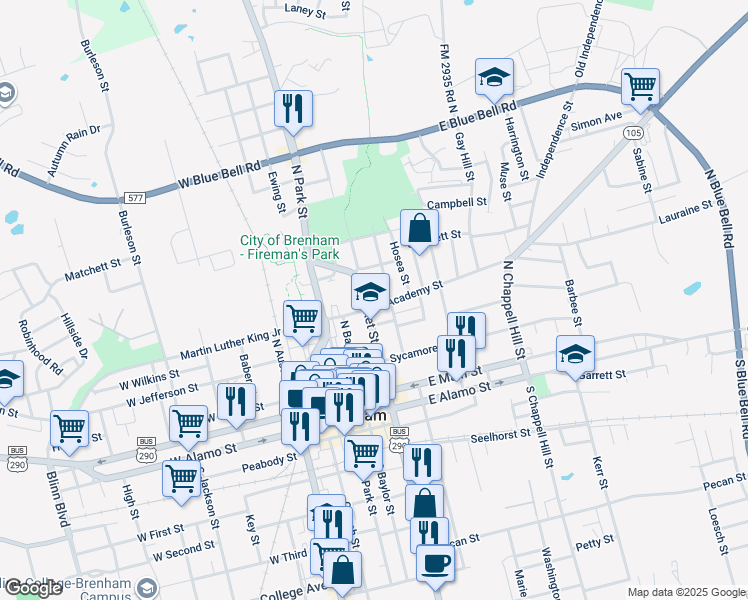 map of restaurants, bars, coffee shops, grocery stores, and more near 207 East Academy Street in Brenham