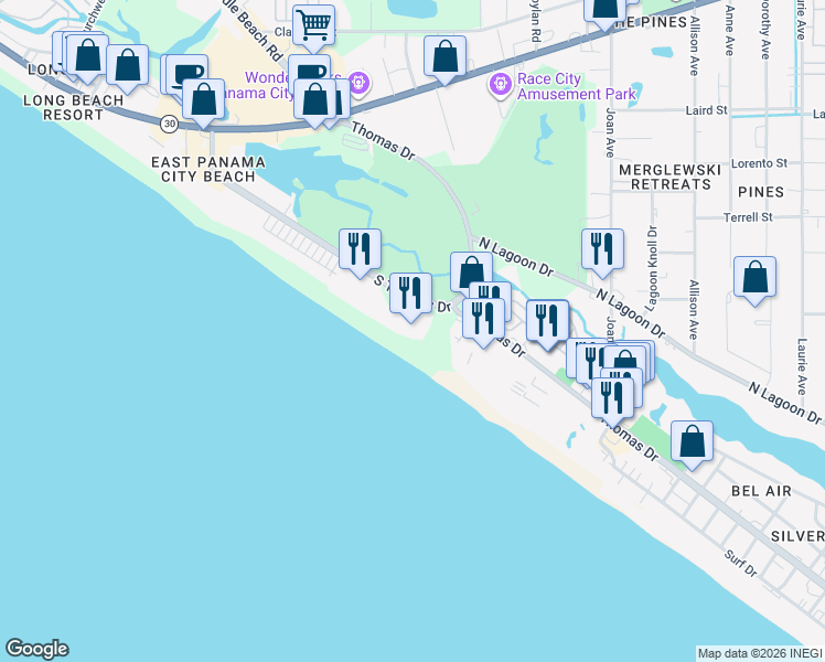 map of restaurants, bars, coffee shops, grocery stores, and more near 9450 South Thomas Drive in Panama City Beach