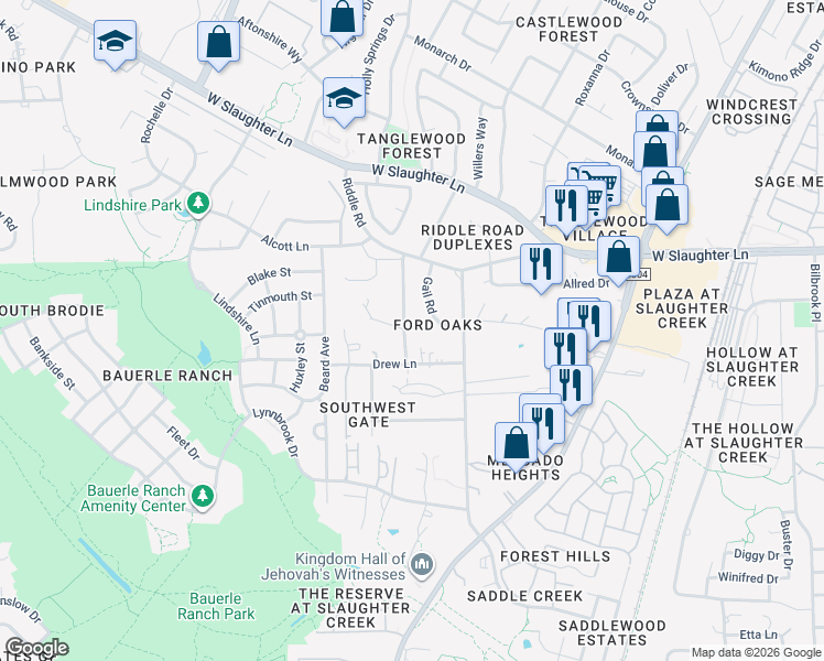 map of restaurants, bars, coffee shops, grocery stores, and more near 10309 Wommack Road in Austin