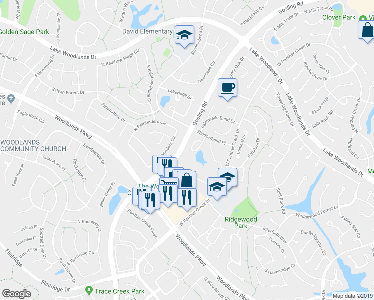 map of restaurants, bars, coffee shops, grocery stores, and more near 98 North Magnolia Pond Place in Spring