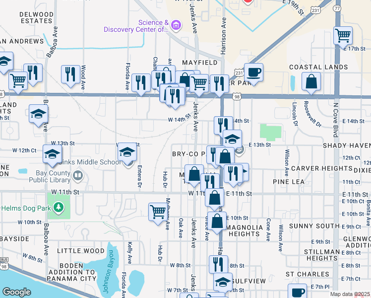 map of restaurants, bars, coffee shops, grocery stores, and more near 1230 Oak Avenue in Panama City