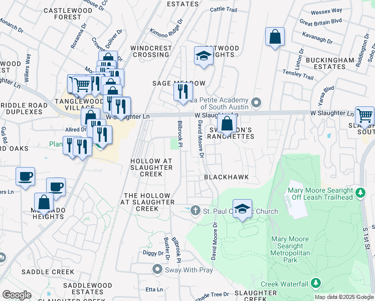 map of restaurants, bars, coffee shops, grocery stores, and more near 9708 Swansons Ranch Road in Austin