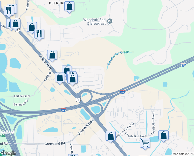 map of restaurants, bars, coffee shops, grocery stores, and more near 7635 Sunwood Drive in Jacksonville
