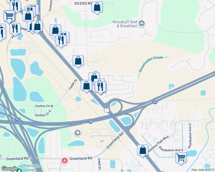 map of restaurants, bars, coffee shops, grocery stores, and more near 11005 Merrywood Drive in Jacksonville