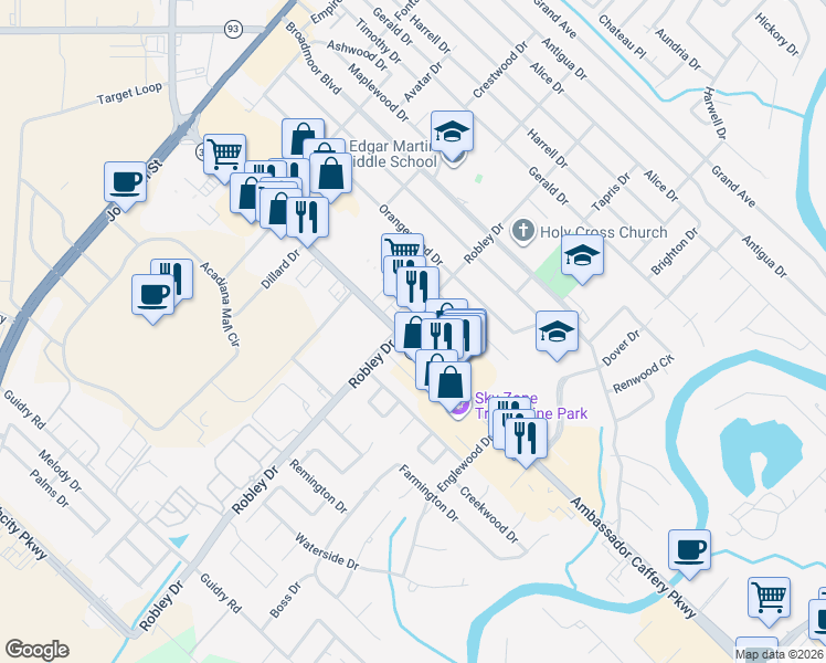 map of restaurants, bars, coffee shops, grocery stores, and more near 3801 Ambassador Caffery Parkway in Lafayette