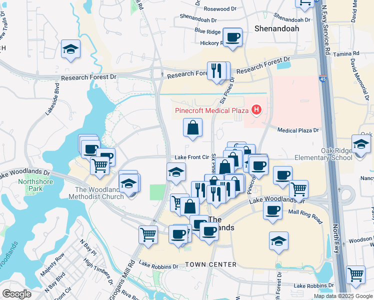 map of restaurants, bars, coffee shops, grocery stores, and more near 1680 Lake Front Circle in Spring