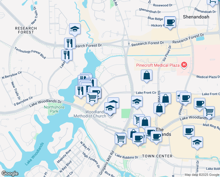 map of restaurants, bars, coffee shops, grocery stores, and more near 1735 Hughes Landing Boulevard in The Woodlands