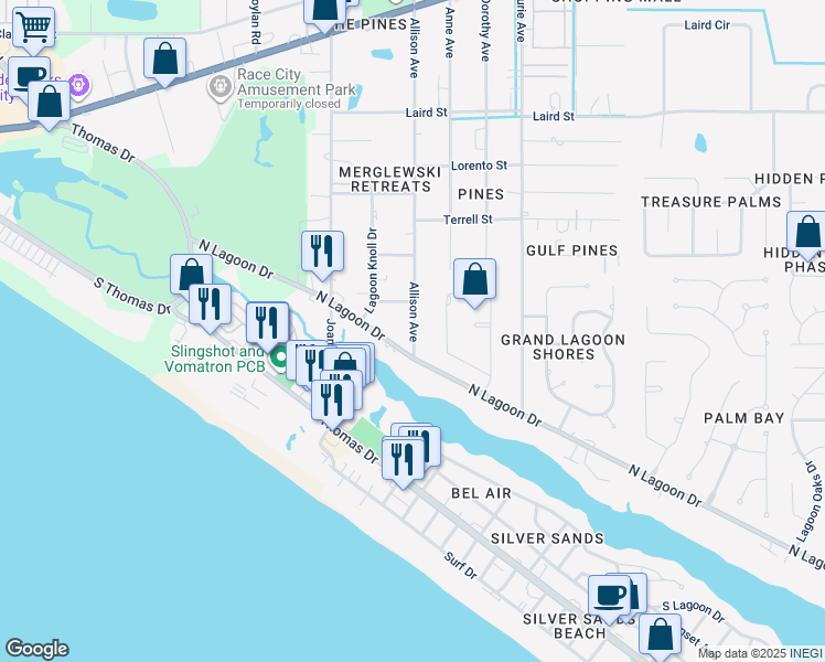 map of restaurants, bars, coffee shops, grocery stores, and more near 2930 Allison Avenue in Panama City Beach