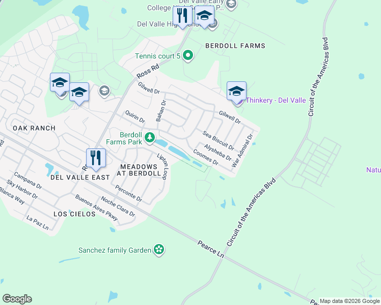 map of restaurants, bars, coffee shops, grocery stores, and more near 13233 Coomes Drive in Del Valle