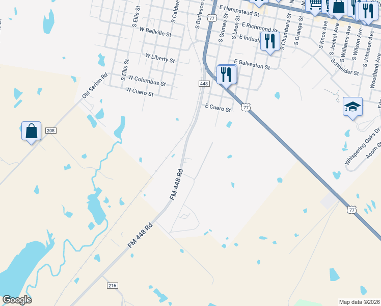 map of restaurants, bars, coffee shops, grocery stores, and more near 1398 FM 448 Road in Giddings