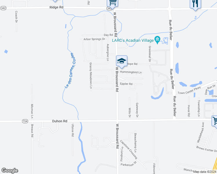 map of restaurants, bars, coffee shops, grocery stores, and more near 93 Southfield Parkway in Lafayette