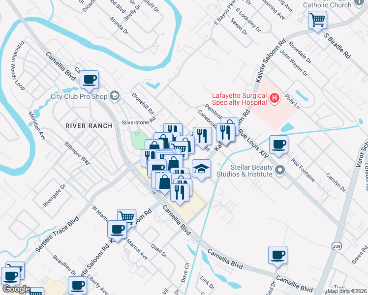map of restaurants, bars, coffee shops, grocery stores, and more near 1720 Kaliste Saloom Rd in Lafayette
