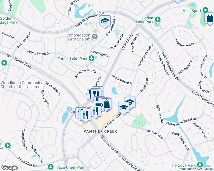 map of restaurants, bars, coffee shops, grocery stores, and more near 98 North Magnolia Pond Place in Spring