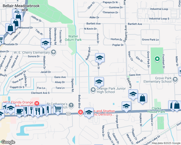 map of restaurants, bars, coffee shops, grocery stores, and more near 1495 Gano Avenue in Orange Park