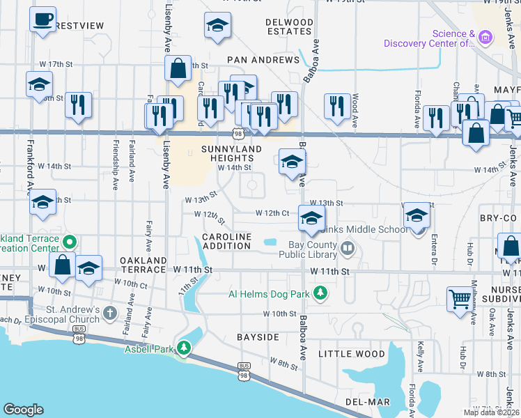 map of restaurants, bars, coffee shops, grocery stores, and more near 1001-1199 12th Court in Panama City