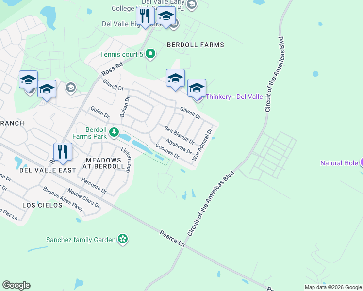 map of restaurants, bars, coffee shops, grocery stores, and more near 13520 Alysheba Drive in Del Valle