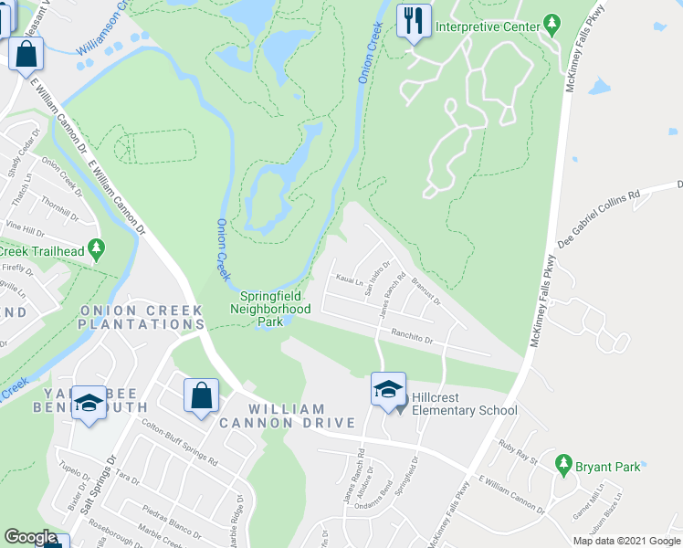 map of restaurants, bars, coffee shops, grocery stores, and more near 6501 Kauai Lane in Austin
