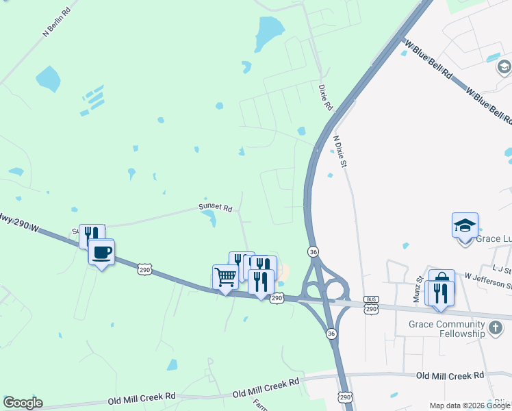 map of restaurants, bars, coffee shops, grocery stores, and more near 360 Westwood Lane in Brenham