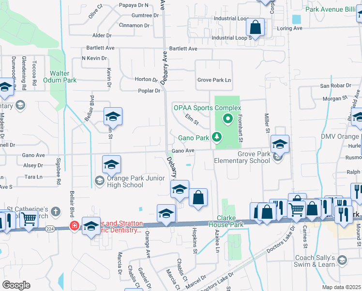 map of restaurants, bars, coffee shops, grocery stores, and more near 1201 The Grove Road in Orange Park