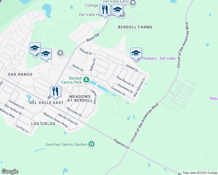 map of restaurants, bars, coffee shops, grocery stores, and more near 13233 Coomes Drive in Del Valle