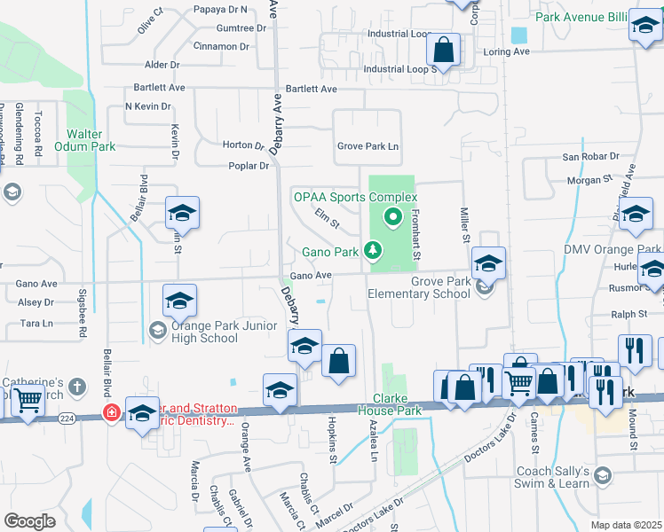 map of restaurants, bars, coffee shops, grocery stores, and more near 1201 The Grove Road in Orange Park