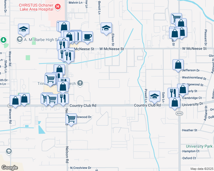 map of restaurants, bars, coffee shops, grocery stores, and more near 1501 South Greenfield Circle in Lake Charles