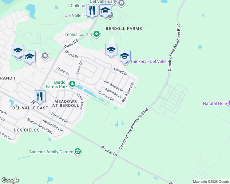 map of restaurants, bars, coffee shops, grocery stores, and more near 13520 Alysheba Drive in Del Valle