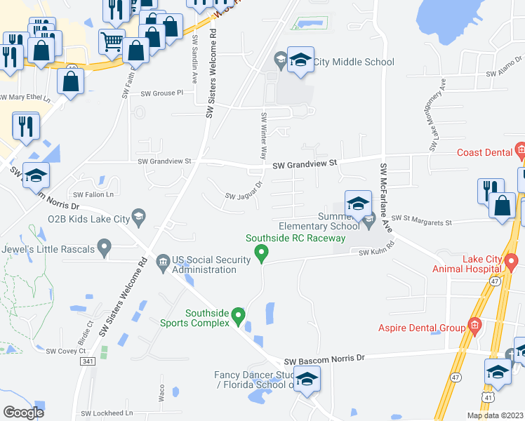 map of restaurants, bars, coffee shops, grocery stores, and more near 925 Southwest Gator Way in Lake City