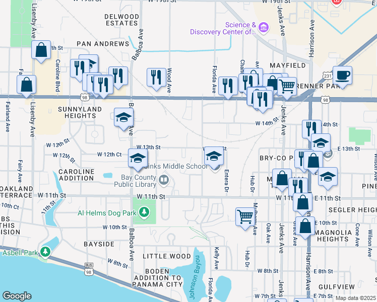 map of restaurants, bars, coffee shops, grocery stores, and more near 709 West 13th Street in Panama City
